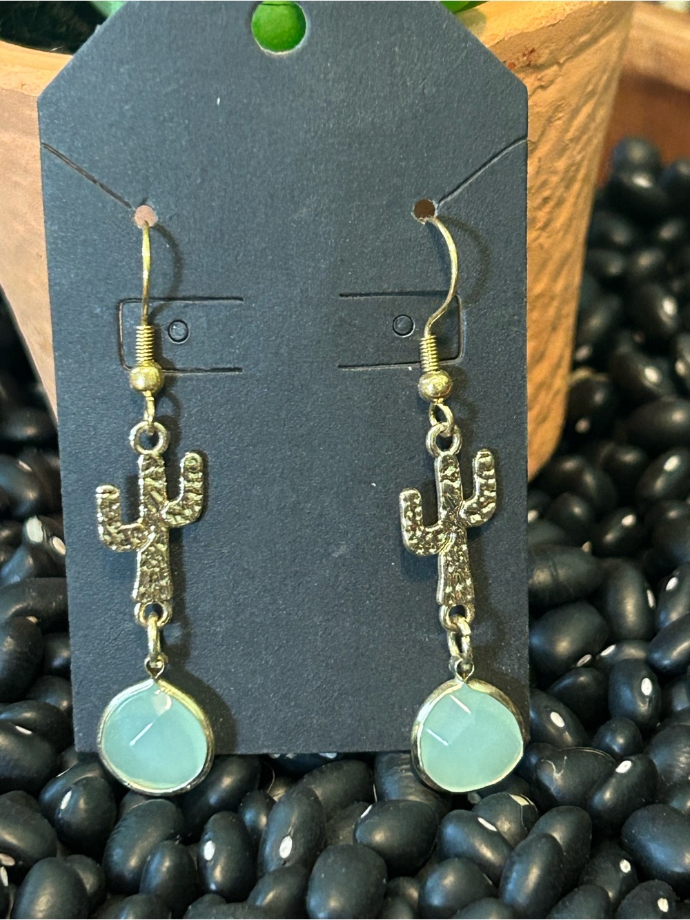 Gold Cactus Drop Earrings with Mint Green Stone Accent